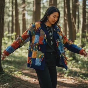 Hand Knit Multicolor Open Cardigan Grandma Patchwork Ribbon Tie Hippie Sweater